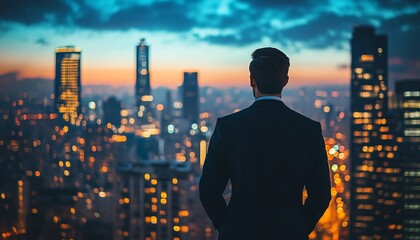 Naklejka na ściany i meble Young male CEO in a sleek suit, viewed from behind as he admires city skyscrapers at twilight, capturing themes of motivation and success, dynamic zoomin camera motion