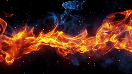 Fototapeta premium Fiery Abstract Background, Orange And Blue Flames, Sparks, And Smoke In Space Dust Cloud