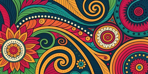 Fototapeta premium A vibrant abstract pattern with swirls, flowers, and geometric shapes in a kaleidoscope of colors.