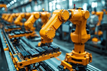 Fototapeta premium Industrial Robot Arm Assembling a Circuit Board on a Conveyor Belt