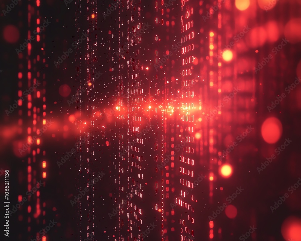 Poster abstract digital technology background filled with luminous red code and binary particles, combined 