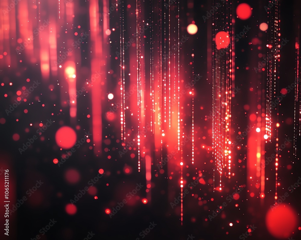 Poster abstract digital technology background filled with luminous red code and binary particles, combined 