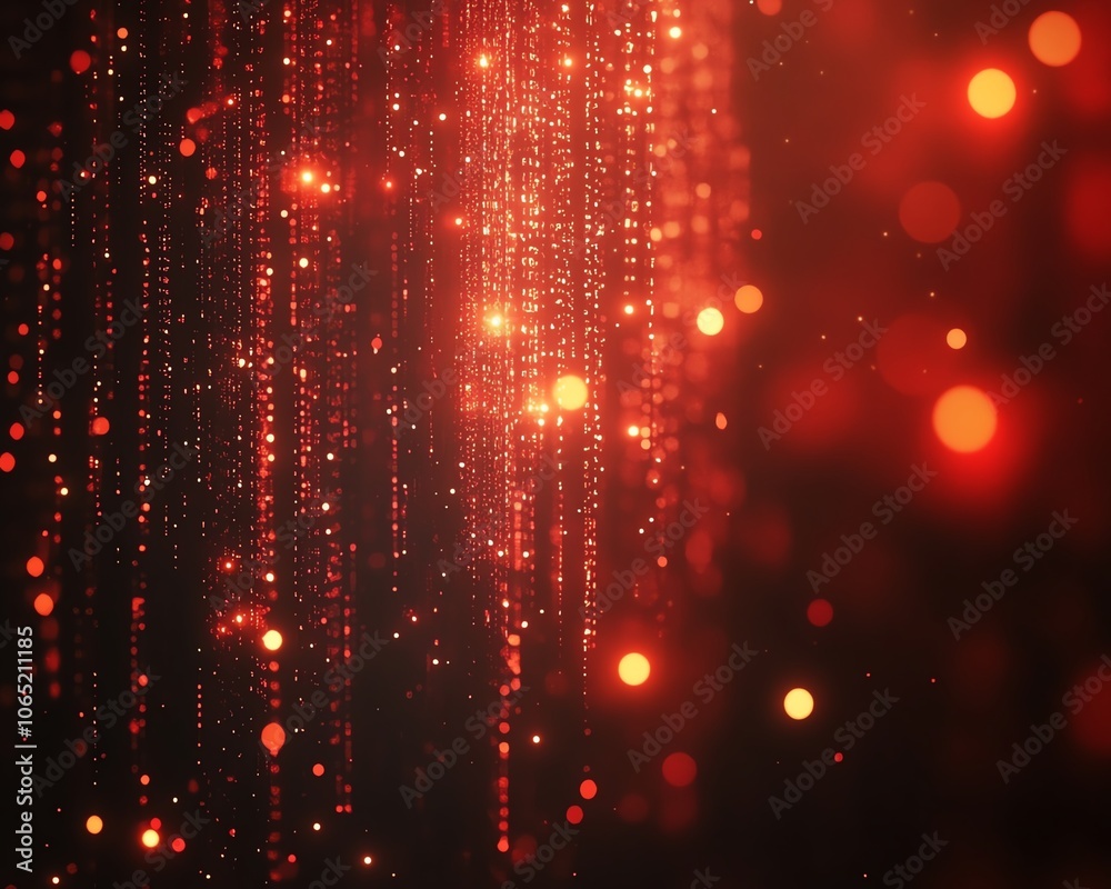 Poster abstract digital technology background filled with luminous red code and binary particles, combined 