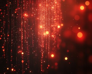 Abstract digital technology background filled with luminous red code and binary particles, combined with sparkling bokeh lights, dynamic motion video concept, modern and sleek