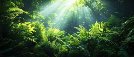 Obraz premium Sunlight piercing through dense rainforest, green ferns, atmospheric and serene
