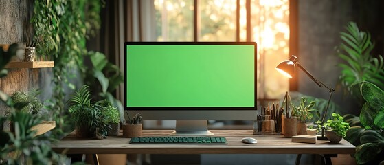 Fototapeta premium Workspace with green screen, home office among plants, serene and productive setting