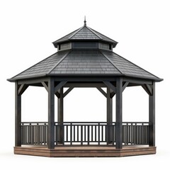 Obraz premium Empty gazebo with railing and shingled roof providing shelter and shade