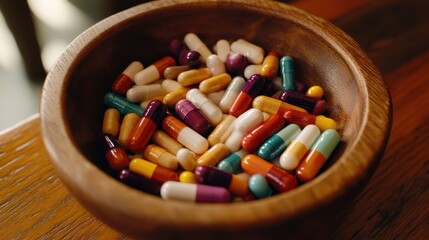 A beautiful assortment of multicolored capsules fills a smooth wooden bowl, creating a vibrant contrast against the dark backdrop while inviting curiosity about their purpose.
