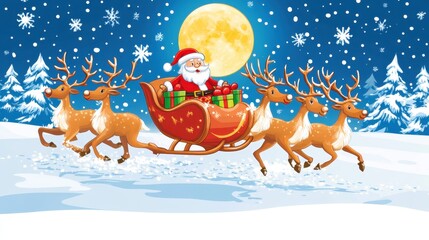 Fototapeta premium Santa flying through a snowy night, reindeer carrying him and his sack of gifts under the glowing full moon and starry sky