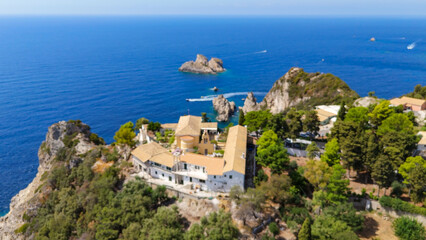 Paleokastritsa Monastery, Kerkyra, Greece. Aerial drone view.