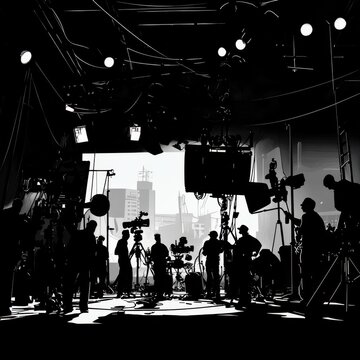Film set silhouette with crew and equipment, creating an artistic atmosphere filled with creativity.
