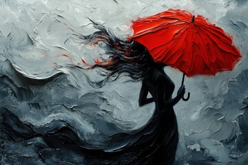 Painting of woman holding red umbrella with fluid brushwork, textured canvas, in dark orange and white tones.

