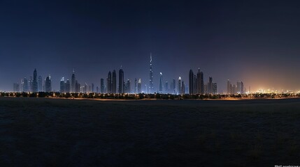 Obraz premium Night view of Dubai skyscrapers along Sheikh Zayed Road, with room for copy.