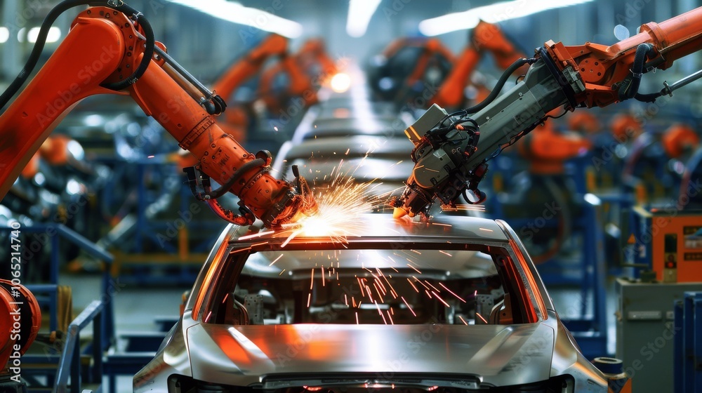 Aufkleber Hightech robotic arms work in an advanced automobile production line, performing precision welding on car frames in a modern factory. The image showcases industrial automation efficiency