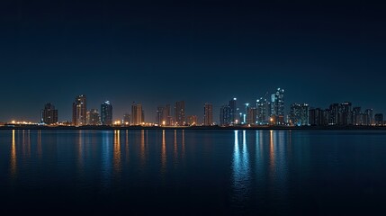 Fototapeta premium Nighttime view of UAE cityscape with illuminated skyscrapers, ample copy space.