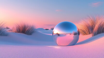 Reflective Sphere in a Serene Snowy Landscape at Dusk