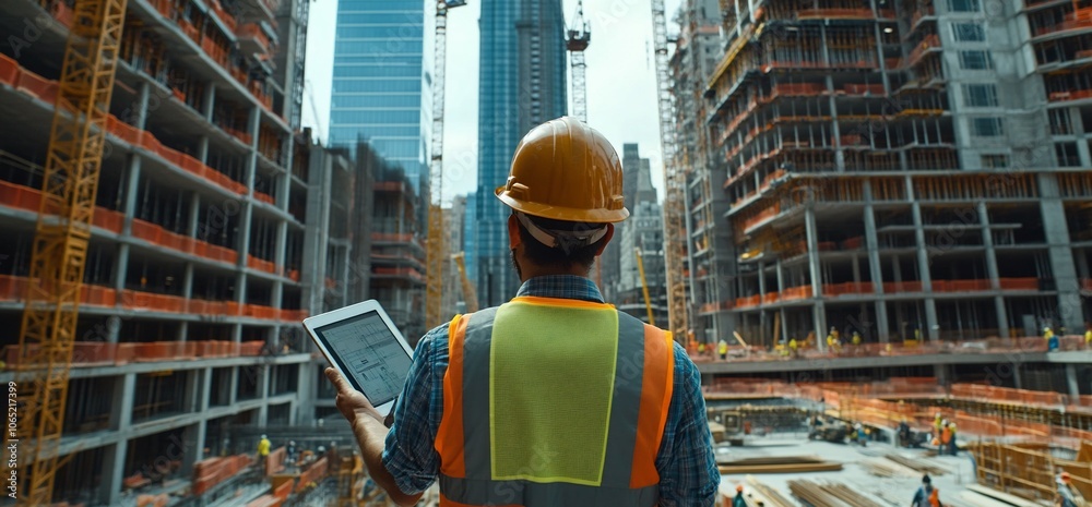 Poster construction worker in yellow vest and hard hat looking at blueprints on a tablet in a modern constr