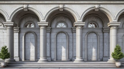 Fototapeta premium Rounded arches and columns on classic building facade, blank area.
