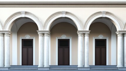 Fototapeta premium Rounded arches and columns on classic building facade, blank area.