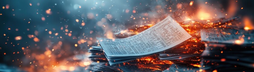 A pile of broken and burning stock market reports with a flaming city skyline in the background