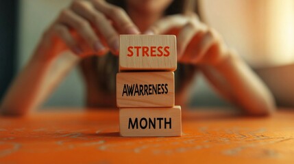 Stress awareness month symbol. Wooden blocks with words 'Stress awareness month'. Beautiful white background