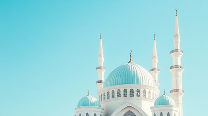 Fototapeta premium Sharjah mosque architecture against clear sky, with ample copy space.