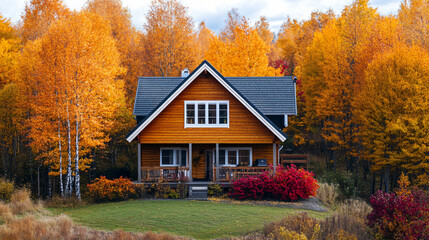 A serene wooden house surrounded by colorful trees, ideal for a peaceful Thanksgiving retreat.A serene wooden house surrounded by colorful trees, ideal for a peaceful Thanksgiving retreat.