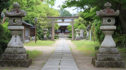 Stone lanterns and pathway leading to a traditional temple surrounded by lush greenery.