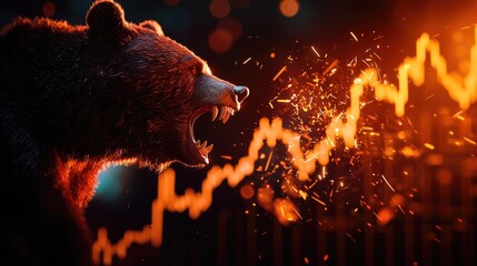 A close-up of a bear's claws ripping through a stock market chart with fragments flying into the air