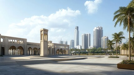 Obraz premium Sharjah's heritage architecture against modern buildings, open space for copy.
