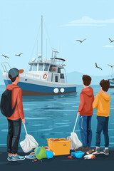 Obraz premium Young children clean up litter while watching boats on a waterfront in sunny weather