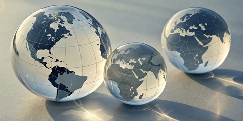 Three glass globes depicting the earth with intricate detail, showcasing continents, oceans, and a delicate grid