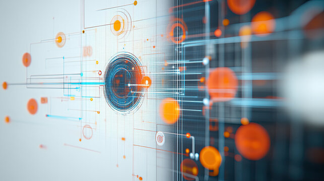 Abstract digital art depicting portfolio optimization algorithm with vibrant orange and blue elements, showcasing technology and innovation