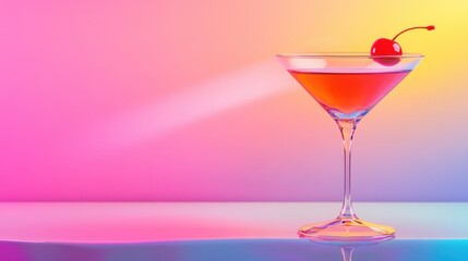 Minimalist cocktail glass with a cherry garnish on a neon-inspired background, evoking nightlife