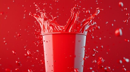 A vibrant red cup splashes liquid, creating dynamic droplets against a matching red background, evoking energy and movement.