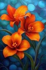 Fototapeta premium Bright orange lilies contrast with a deep blue background in a floral display