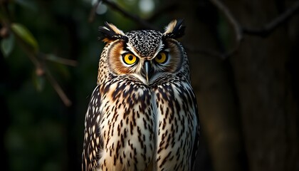Obraz premium Old Owl Perched on Branch Showcasing Detailed Feathers and Vivid Yellow Eyes Amidst Dense Foliage
