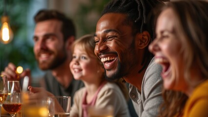 Fototapeta premium Four friends share laughter and happiness during a dinner party in a warm, inviting atmosphere. They are seated at a table adorned with glasses and a warm glow from the lighting, creating a memorable 
