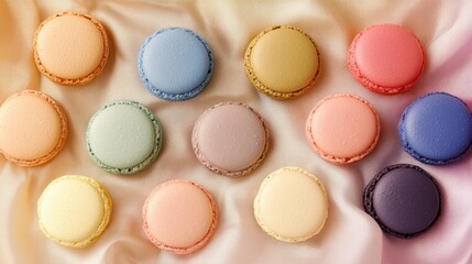 Obraz premium Pastel macarons in various colors, arranged on a soft gradient background, evoking a French patisserie feel