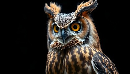 Obraz premium Close-up of a female great horned owl showcasing intricate feathers and striking yellow eyes