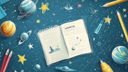  Whimsical space-themed stationery with notebook, planets, and stars, inspiring curiosity and exploration. Ideal for creative minds and space enthusiasts.