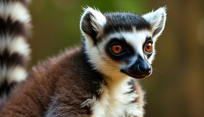 Obraz premium Close-up of ring-tailed lemur with large eyes and distinctive tail, showcasing its unique traits