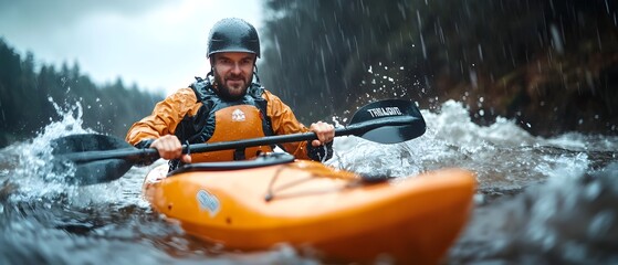Fototapeta premium An adventurous whitewater kayaker skillfully maneuvering their kayak through a tumultuous river filled with powerful waves and rapid water action