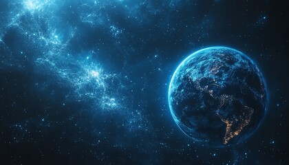 Obraz premium Abstract blue planet with orbiting elements, minimalistic space design, contemporary astronomy concept, sleek aesthetics, harmonious color palette, visually striking illustration