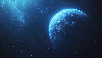 Obraz premium Abstract blue planet with orbiting elements, minimalistic space design, contemporary astronomy concept, sleek aesthetics, harmonious color palette, visually striking illustration