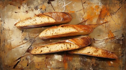 Stylized baguette slices on a rustic, earthy background, inspired by French cuisine