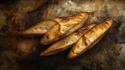 Stylized baguette slices on a rustic, earthy background, inspired by French cuisine