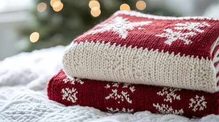  Cozy red-and-white knitted Christmas stocking, neatly folded on white background with subtle snowflake pattern woven in.