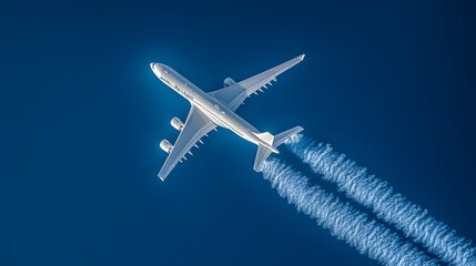 Obraz premium Commercial airplane flying against a bright blue sky with white fluffy clouds, captured from below on a clear summer day, showcasing jet silhouette and aerial travel concept.