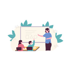 Fototapeta premium Teacher demonstrates shapes to students on a whiteboard. Ideal for educational presentations, school materials, tutoring resources, and visual aids.